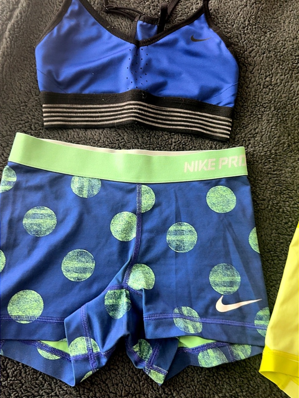 Nike Blue and Neon Green Polka Dot Sports Bra & Shorts Set